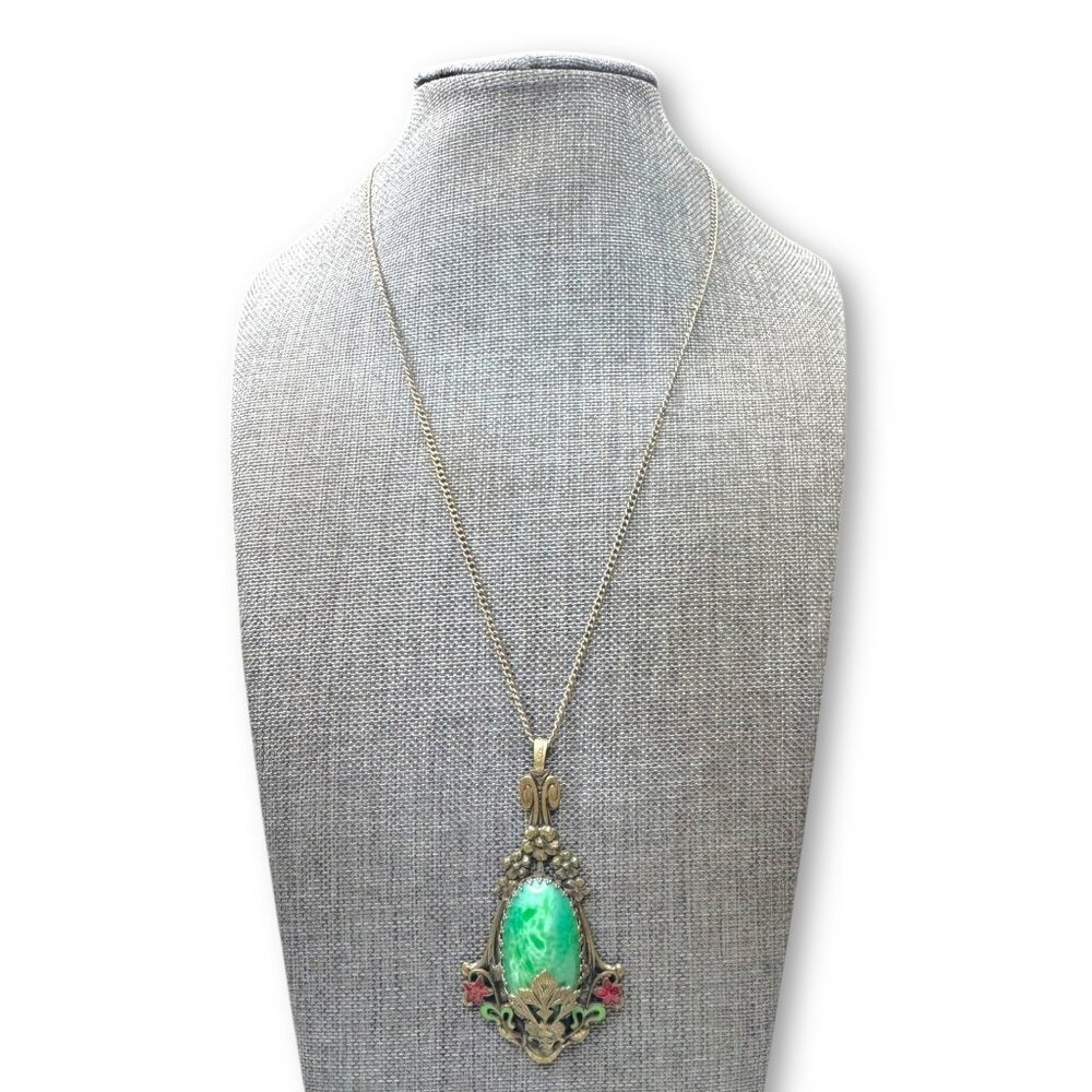 Art Nouveau Czech Peking Glass Pendant Necklace Brass Enamel Gold Filled